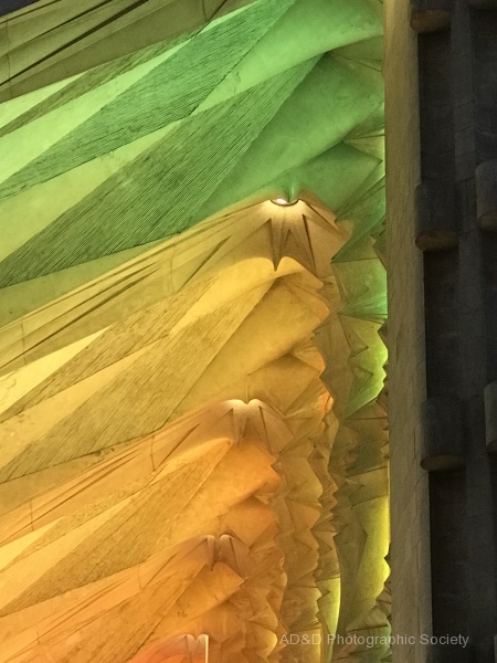 Sagrada Familia , coloured light on stone